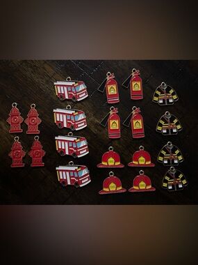 Firefighter-Themed Enamel Charms Set - Red and Yellow